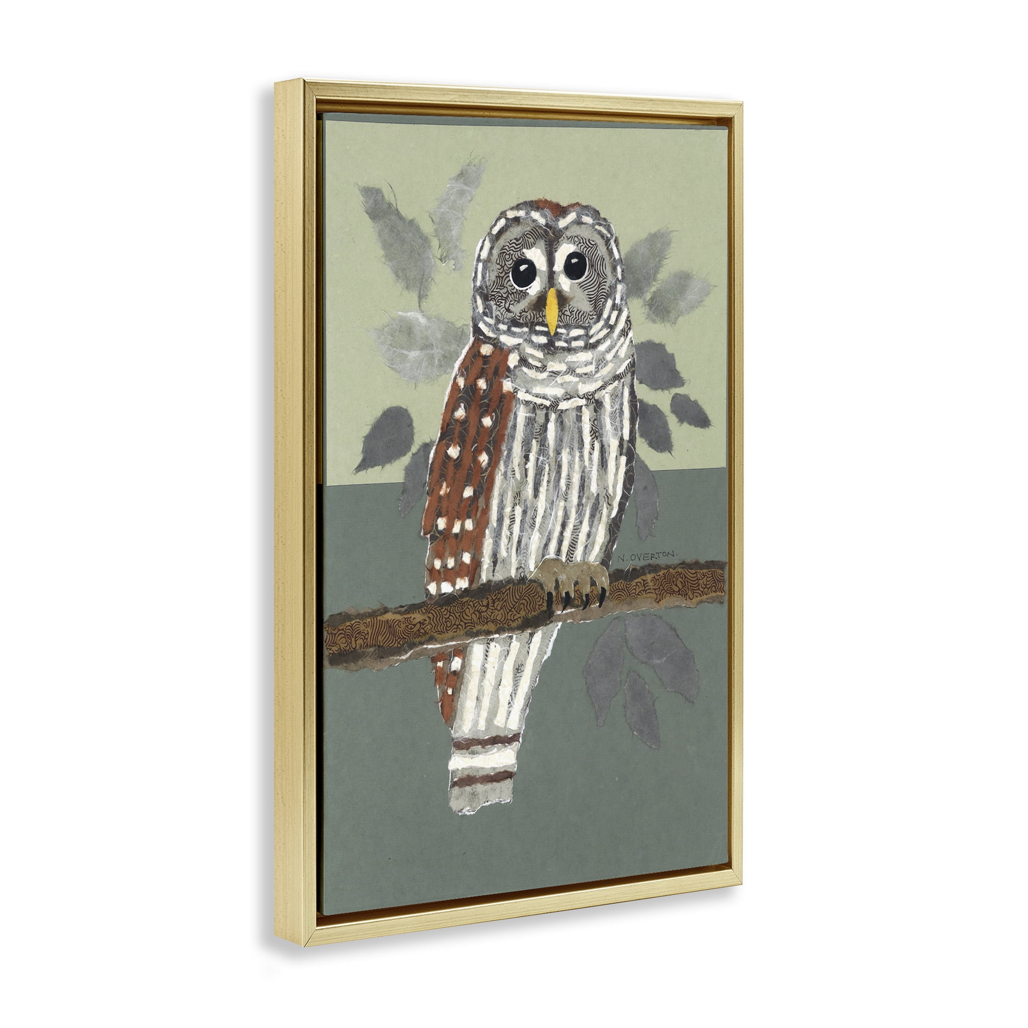 Stupell Industries Owl Perched Tree Branch Animals & Insects Painting Gold Floater Framed Canvas Art Print Wall Art, 21 x 31