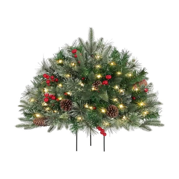 Outdoor Christmas Tree Frosted Urn Filler, Pre-lit Artificial Xmas Tree with LED Lights, 18 Inch Small Christmas Tree with Cones & Red Berries