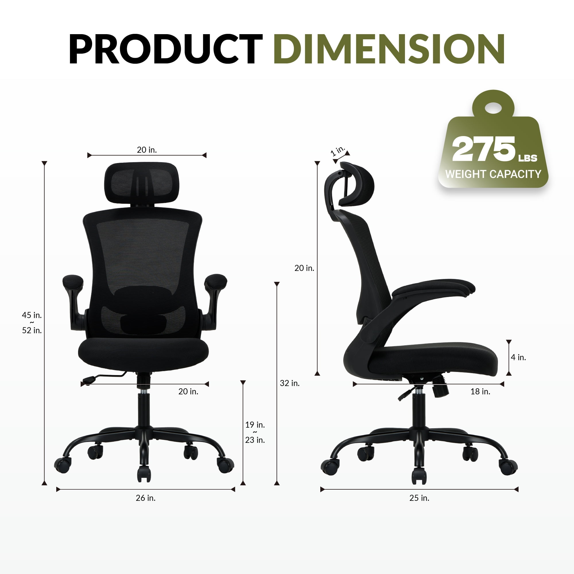 AFO High Back Ergonomic Office Chair, Adjustable Lumbar Support & Headrest Mesh Desk Chair with Flip-Up Arms, 275lbs Heavy Duty Metal Base Computer Task Chair for Home Office, Black