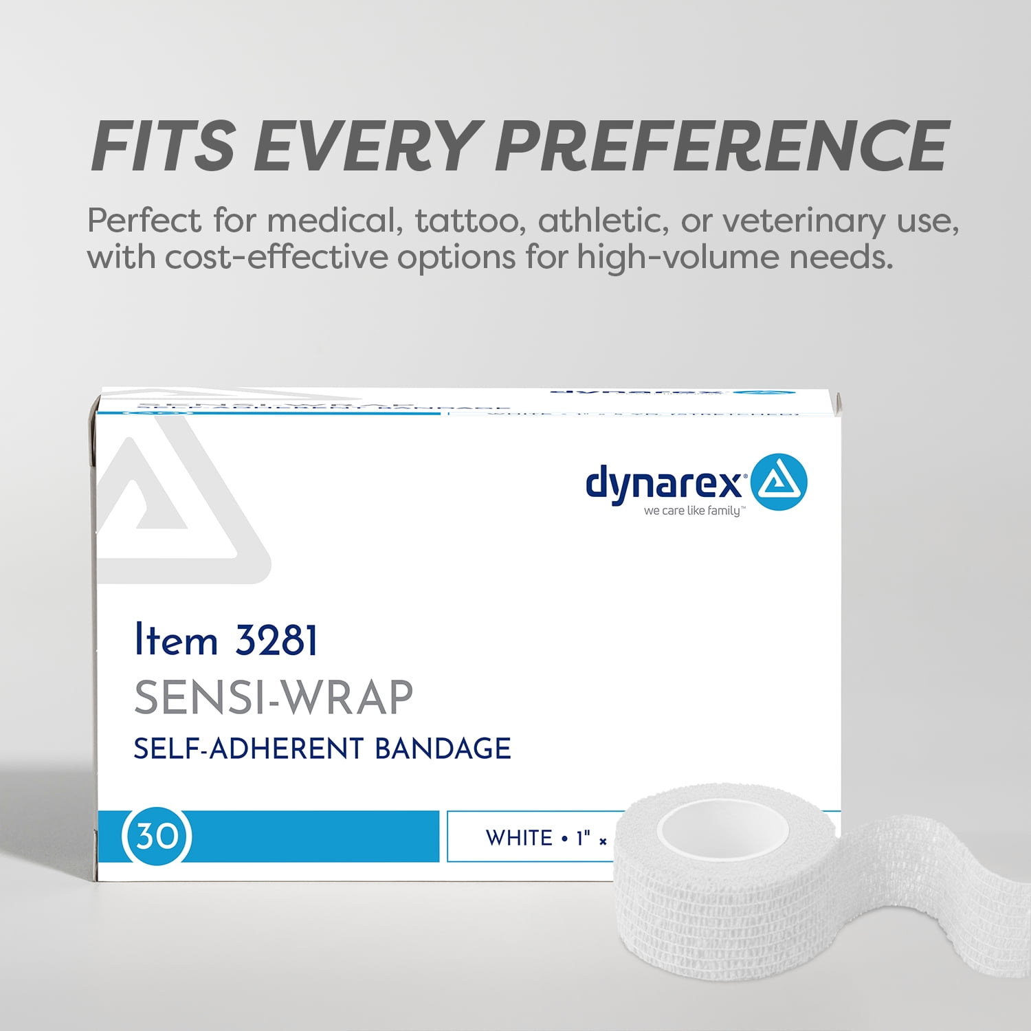 Dynarex Sensi-Wrap Self-Adhesive Bandages, 30-Pack, 1" x 5 yards, White, Latex, Colored Elastic Cohesive Athletic Tape, Tattoo Grip & Vet Wrap