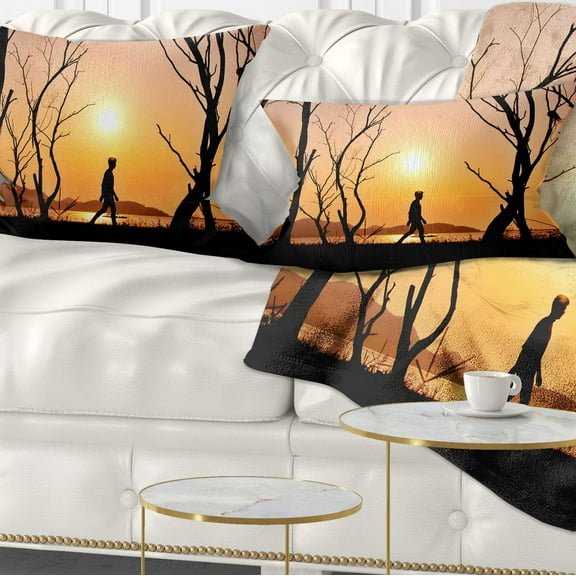 Designart Man Walking Alone in Evening - Landscape Photography Throw Pillow - 12x20