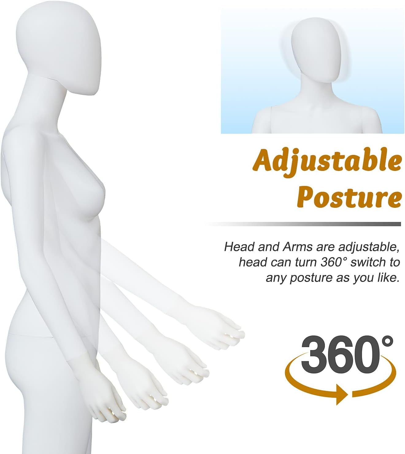 Kinbor 6FT Female Mannequin Dress Form Display, Manikin Torso Stand Realistic Full Body Mannequin for Retail Clothing Shops, Halloween Christmas Cosplay, White(Posture A)