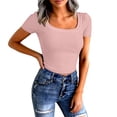 thumbnail image 2 of Short Sleeve Shirts for Women Crop Scoop Neck Slim Fitted Basic Shirt Solid Oversized Ribbed Knit Casual T-Shirt Pink M, 2 of 4