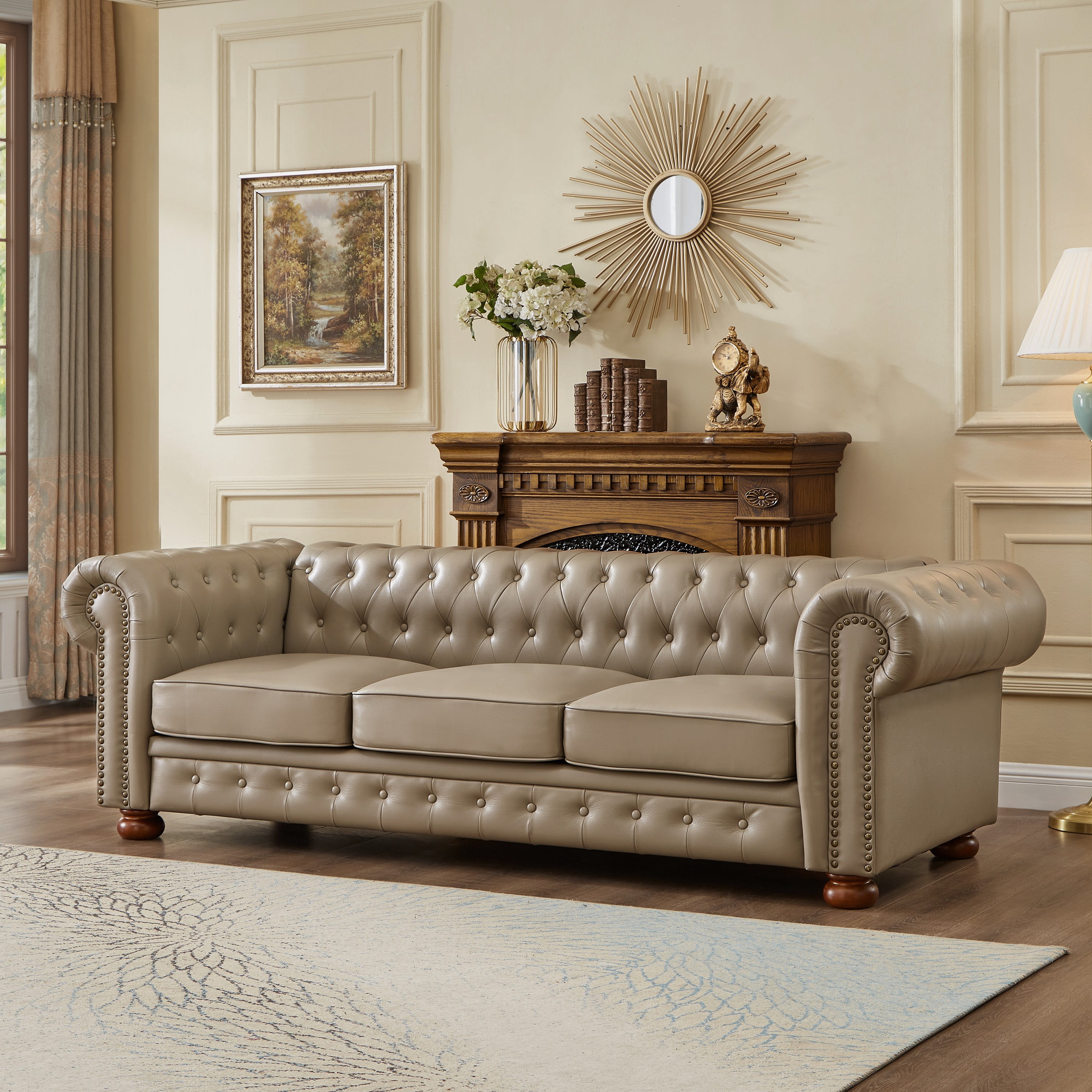 Noodeniya Chesterfield Sofa with Rolled Arms, Upholstered Sofa Padded Seat, Button Tufted Sofa with Nailhead Trim and Backrest, Faux Leather Couch, Khaki