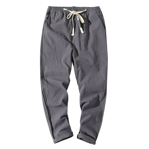 WRKEKC Mens Cotton Drawstring Casual Solid Color Washed Straight Leg Outdoor Cropped Pants Long Trousers for Daily Fashion