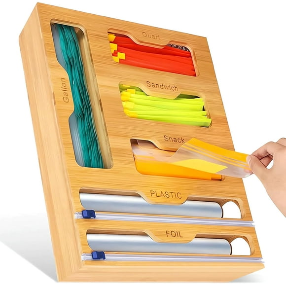 shiyou-6-in-1 Bamboo Ziplock Bag Storage Organizer and Wrap Dispenser - Ideal for Gallon, Quart, Sandwich Bags, Cling Film, and Aluminum Foil