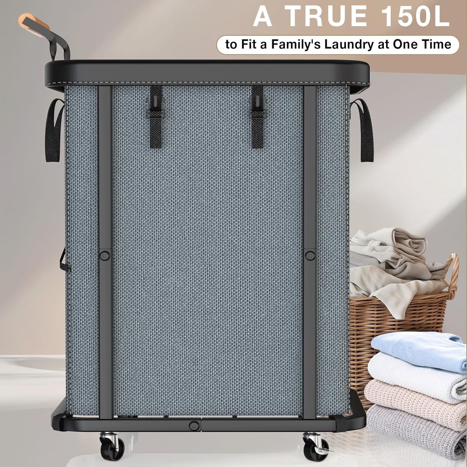 60 Gal (230L) Laundry Hamper 3 Section with Lid, Leather Patchwork Laundry Sorter with Rolling Lockable Wheels and Handle, Laundry Basket Organizer for Laundry Room, Bedroom and Bathroom - Gray