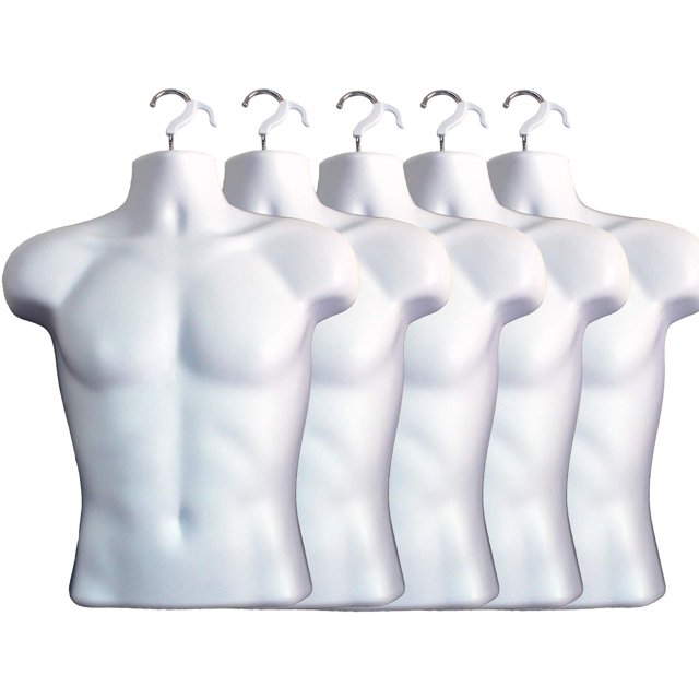 Maniquí masculino blanco con espalda hueca, torso, forma de vestido y gancho para colgar, tamaños S-M (paquete de 5 blancos)