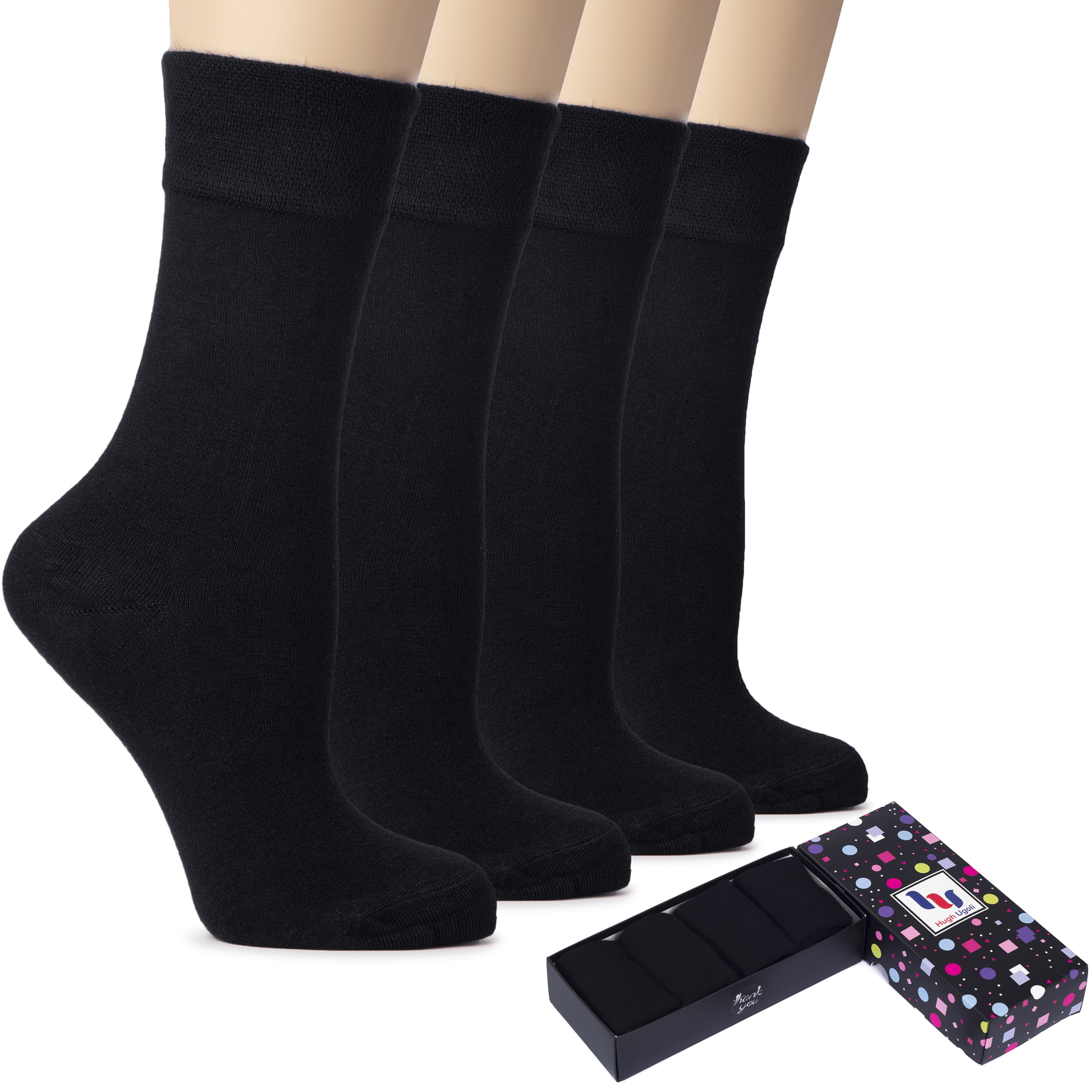 Hugh Ugoli Women's Cotton Dress Socks for Business,4 Pairs Black, Shoe Size 58
