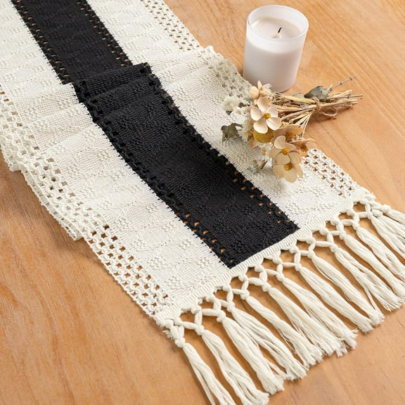 Boho Style Bicolor Stitching Table Runner,Modern Farmhouse Decor Rustic Woven Cotton Crochet Lace for Bohemian, Rustic,Bridal, Shower Wedding, Dinner