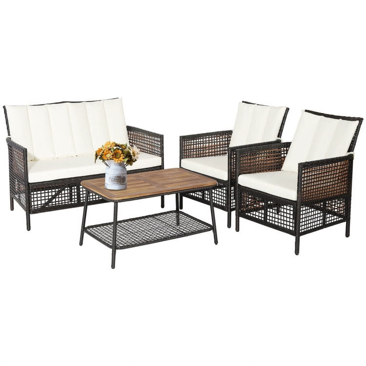 Aimee Lii 4 Pieces Patio Rattan Cushioned Conversation Set with 2-Tier Coffee Table, Outdoor Patio Furniture Aimee Lii 4 Pieces Patio Rattan Cushioned Conversation Set with 2-Tier Coffee Table, Outdoor Patio Furniture