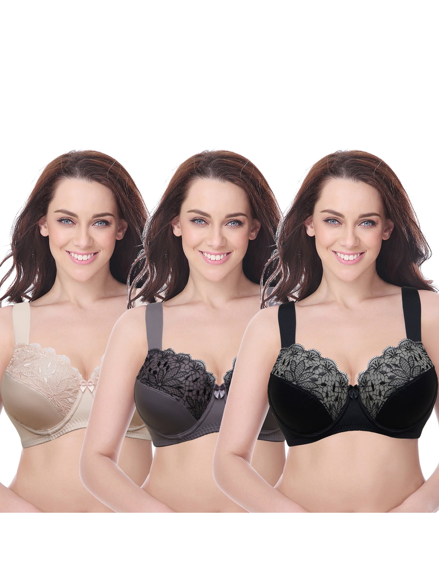 Curve Muse Plus Size Unline Minimizer Underwire Bra with Embroidery Lace-3Pack
