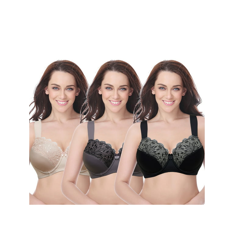 Curve Muse Plus Size Unlined Minimizer Wirefree Bras with Embroidery  Lace-3Pack-Grey,Pink,Black