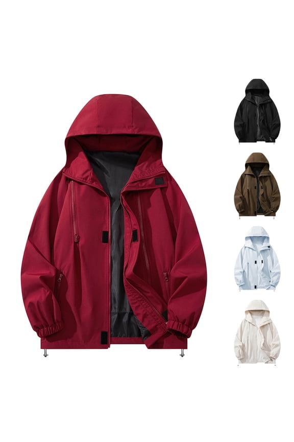 Men's Waterproof Work Jacket Windproof Hooded Utility Coat Heavy Duty Long Sleeve Reflective Strips Zippered Pockets Outdoor Safety