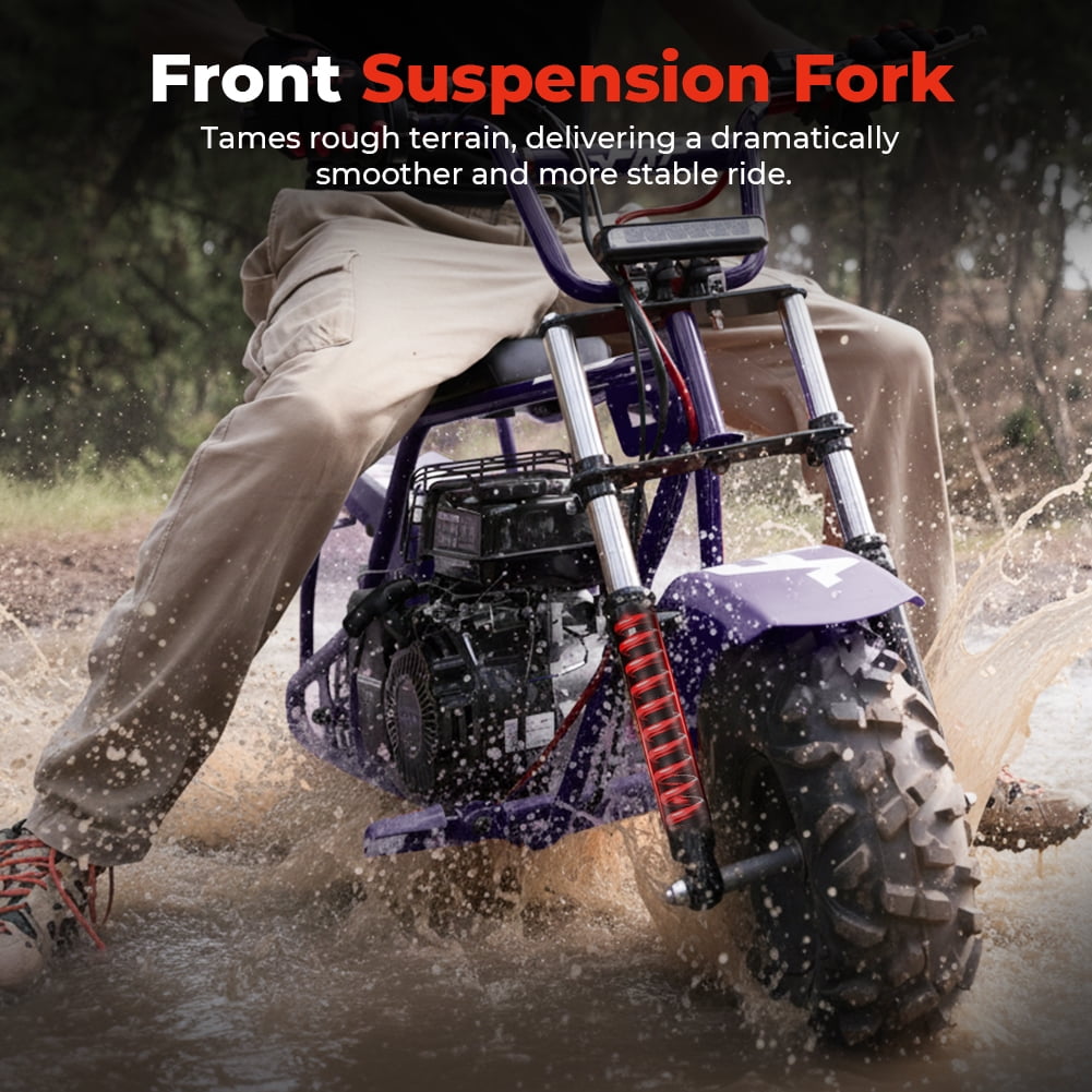 99CC 4-Stroke Gas Mini Dirt Bike for 13+, 28MPH Off-Road Mini Bike w/ Hydraulic Brakes, Front Suspension Fork, SUNF All-Terrain Tires, Headlight, Neck Gaiter & Tool Kit, 220LB Capacity - Purple