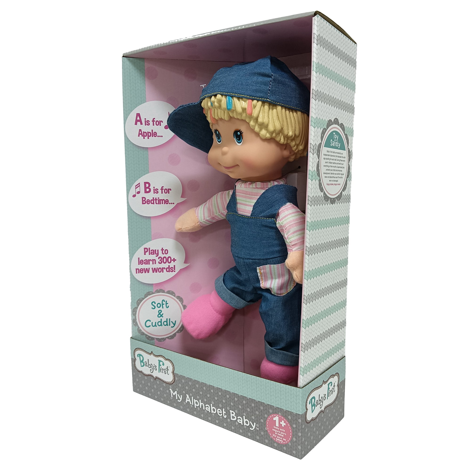 Goldberger Baby's First: My Alphabet Boy Doll - Blue Denim Overalls -  Interactive Singing Musical Doll, Teaches ABC's & Fun Words, Soft Toy, Kids-Toddler Age 1 year & Up