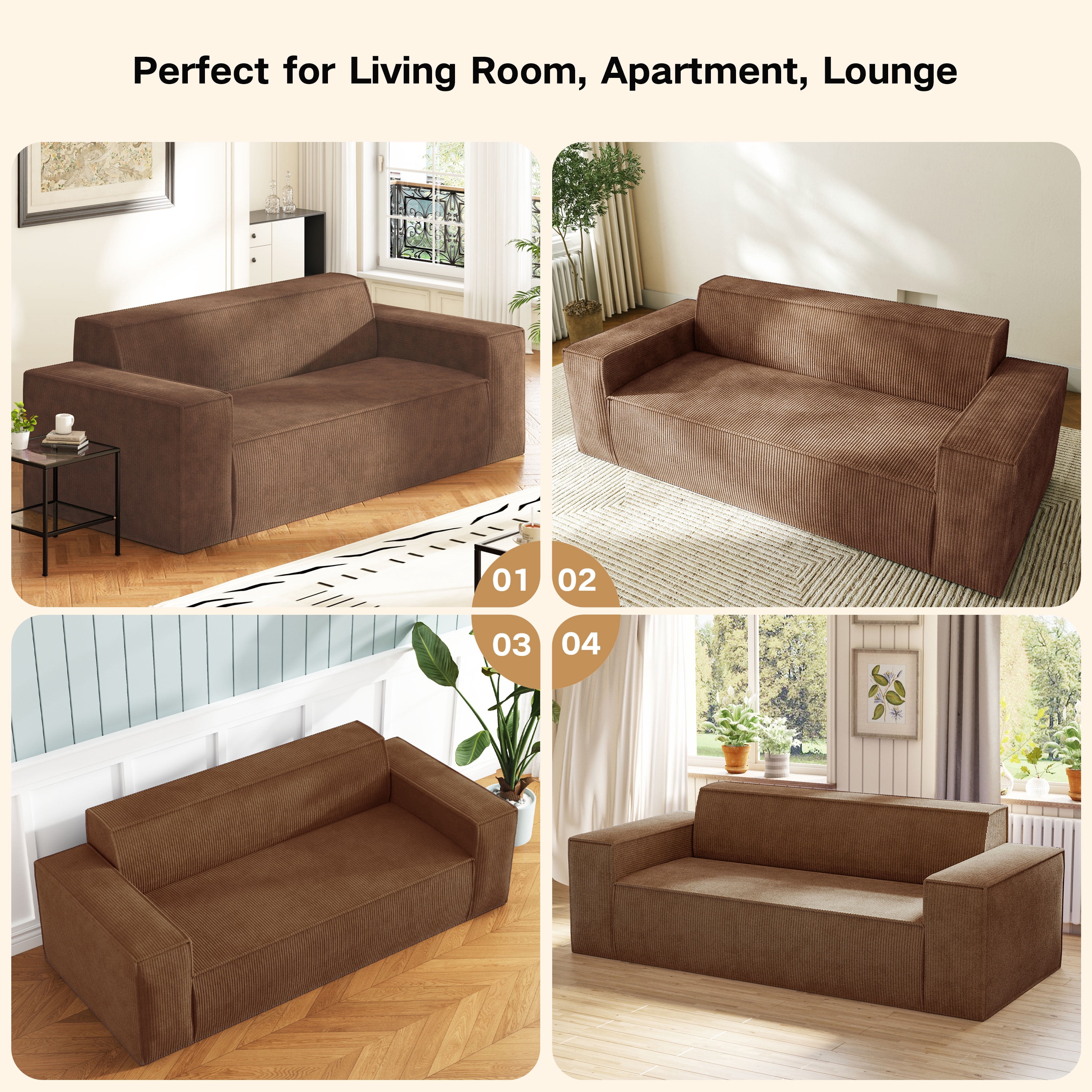 Traumliebe Sofa-in-a-Box Memory Foam 3-Seater Adult Deep with Corduroy Fabric Couch for Living Room,Brown
