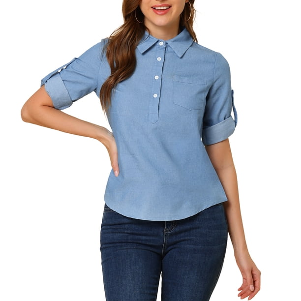 Blusa De Media Solapa Para Mujer Con Cuello Vuelto Y Bolsillo En El Pecho Con Manga Enrollada Azul S