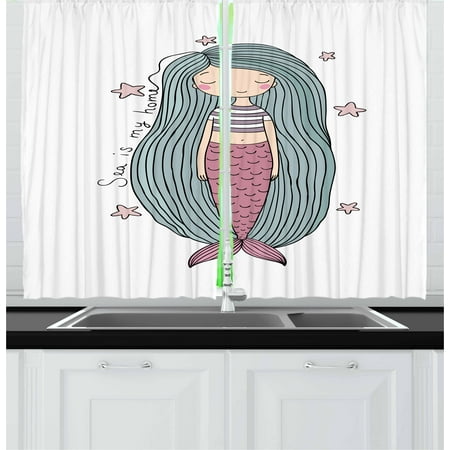 Strand Curtains Mermaid Curtains 2 Panels Set, Sea is My Home Quote Written in Strand of Hair Girl Sleeping with Stars, Window Drapes for Living Room Bedroom, 55W X 39L Inches, Pink Lilac Slate Blue, by Ambesonne ()