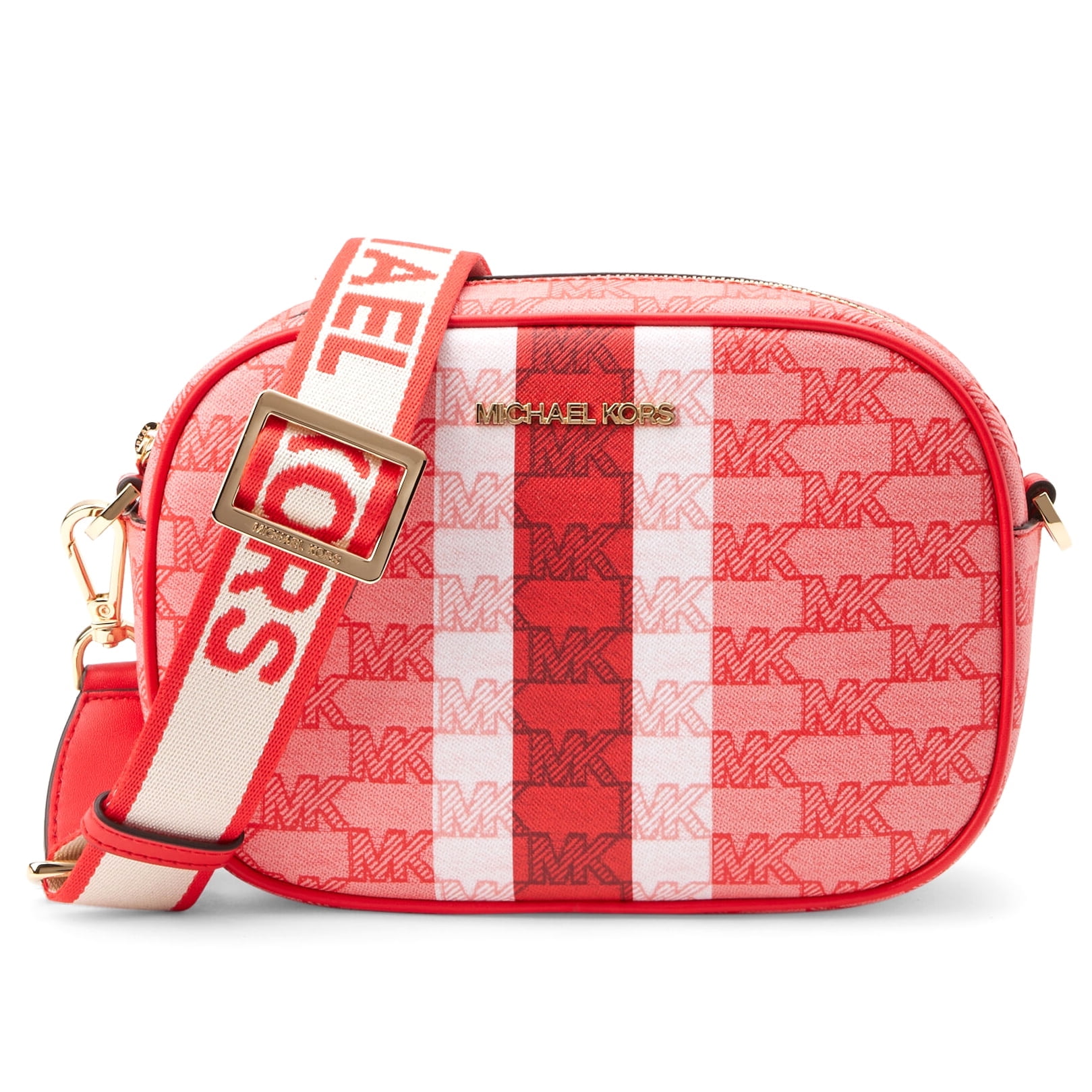 Michael Kors Women's Jet Set Travel Medium Logo Stripe Zip Around Crossbody Bag (Dark Sangria)