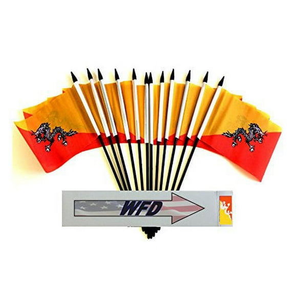 Pack of 12 4"x6" Bhutan Polyester Miniature Office Desk & Little Table Flags, 1 Dozen 4"x 6" Bhutanese Small Mini Hand Waving Stick Flags (Flags Only)