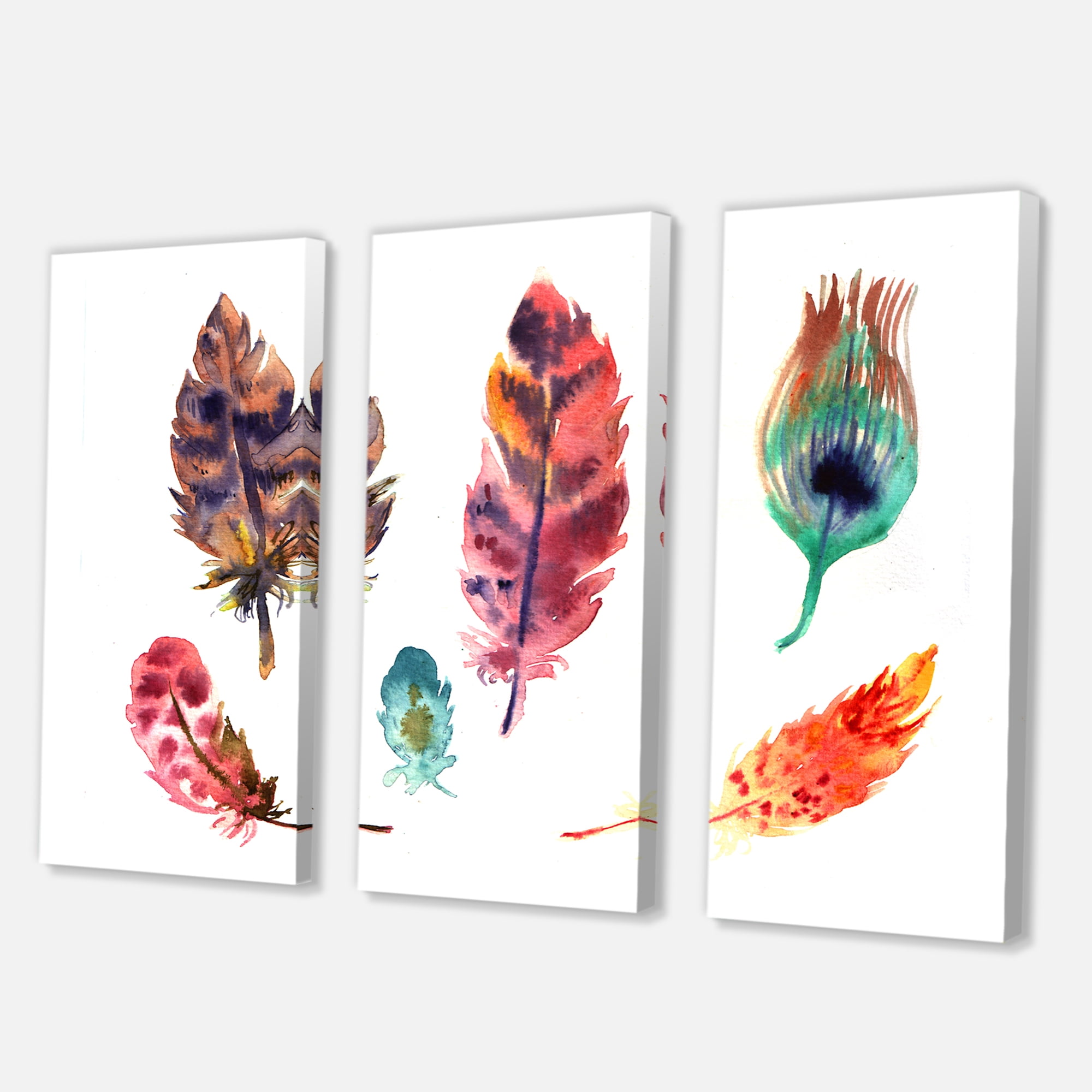 Designart ' Colourful Boho Art Feather Set II ' Bohemian & Eclectic Canvas Wall Art Print