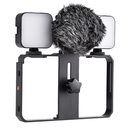 Andoer Andoer Smartphone Video Cage Kit Including 2pcs Fill Lights + Microphone with Shock Mount Wind Screen + Handheld Smartphone Video Bracket 3 Cold Shoe Mounts for Phone Video Recording Live
