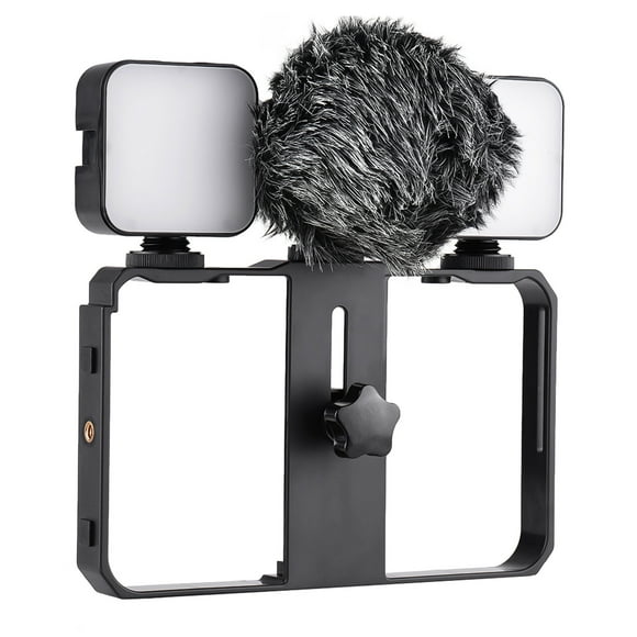 Jaula de vídeo Kit de jaula de video para teléfono inteligente Andoer que incluye 2 piezas de luces de relleno LED mini + Mini micrófono con pantalla antiviento con montaje antichoque + Soporte de vid Andoer Jaula de video