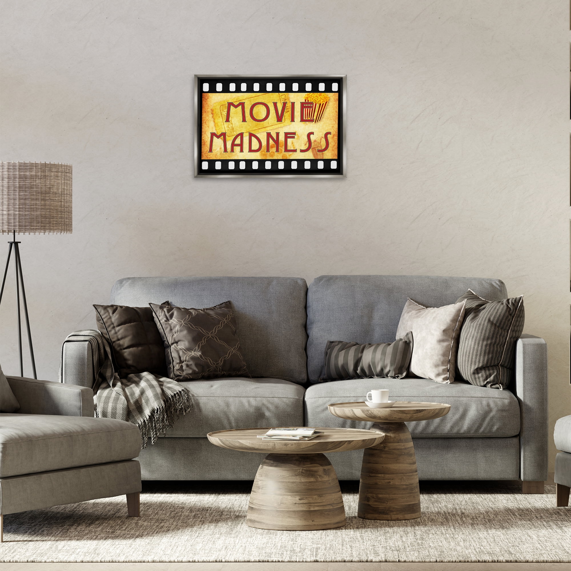 Stupell Industries Movie Madness Classic Sign Entertainment Painting Gray Floater Framed Canvas Art Print Wall Art, 25 x 17
