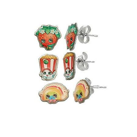 Shopkins Stainless Steel Trio Earrings Set Strawberry Kiss , Poppy Corn , Rainbow Bite + Makeup Blender Stick, 12 Pcs