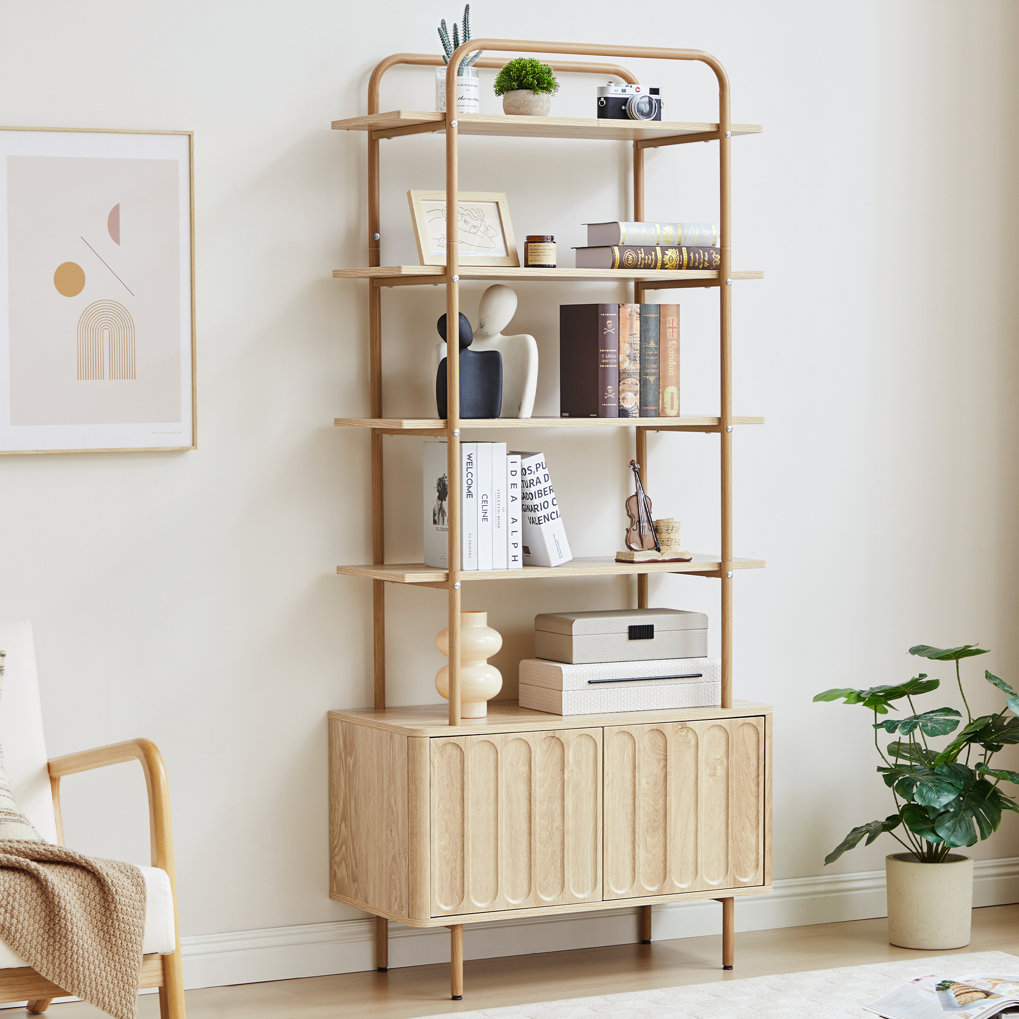 Weselon 5 Tier Ladder Bookshelf with Hidden Storage Cabinet with Doors, Fluted 5-Shelf Wall Mounted Bookcases with Open Display Shelf, Light Honey Wood Finish