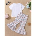 thumbnail image 3 of Mialoley Kid Girls Pants Set, Short Sleeve Crew Neck Letters Print T-shirt with Rabbit Print Flare Pants, 3 of 9
