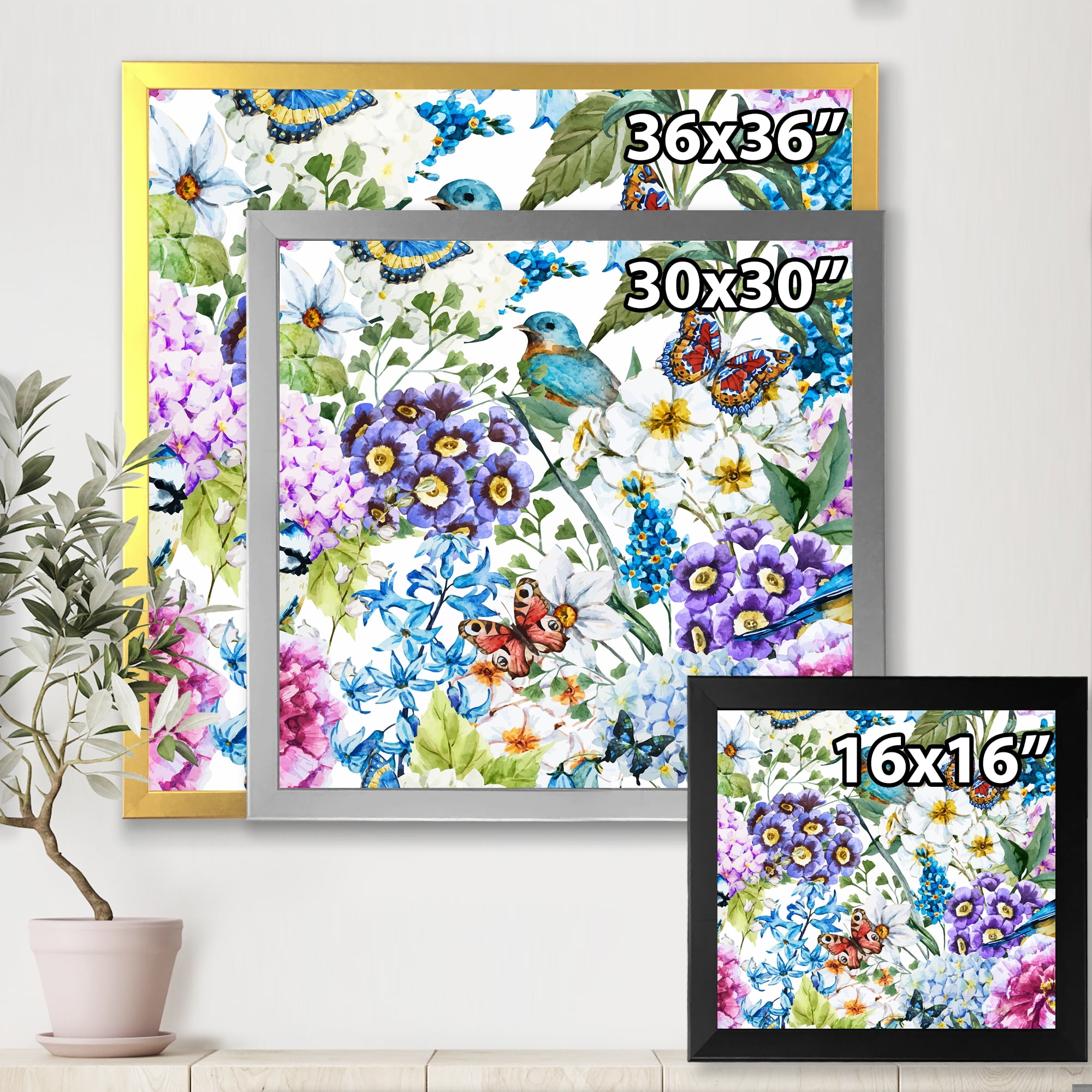 Wildflowers and Vibrant Wild Spring Leaves XII 36 in x 36 in Framed Painting Canvas Art Print, by Designart