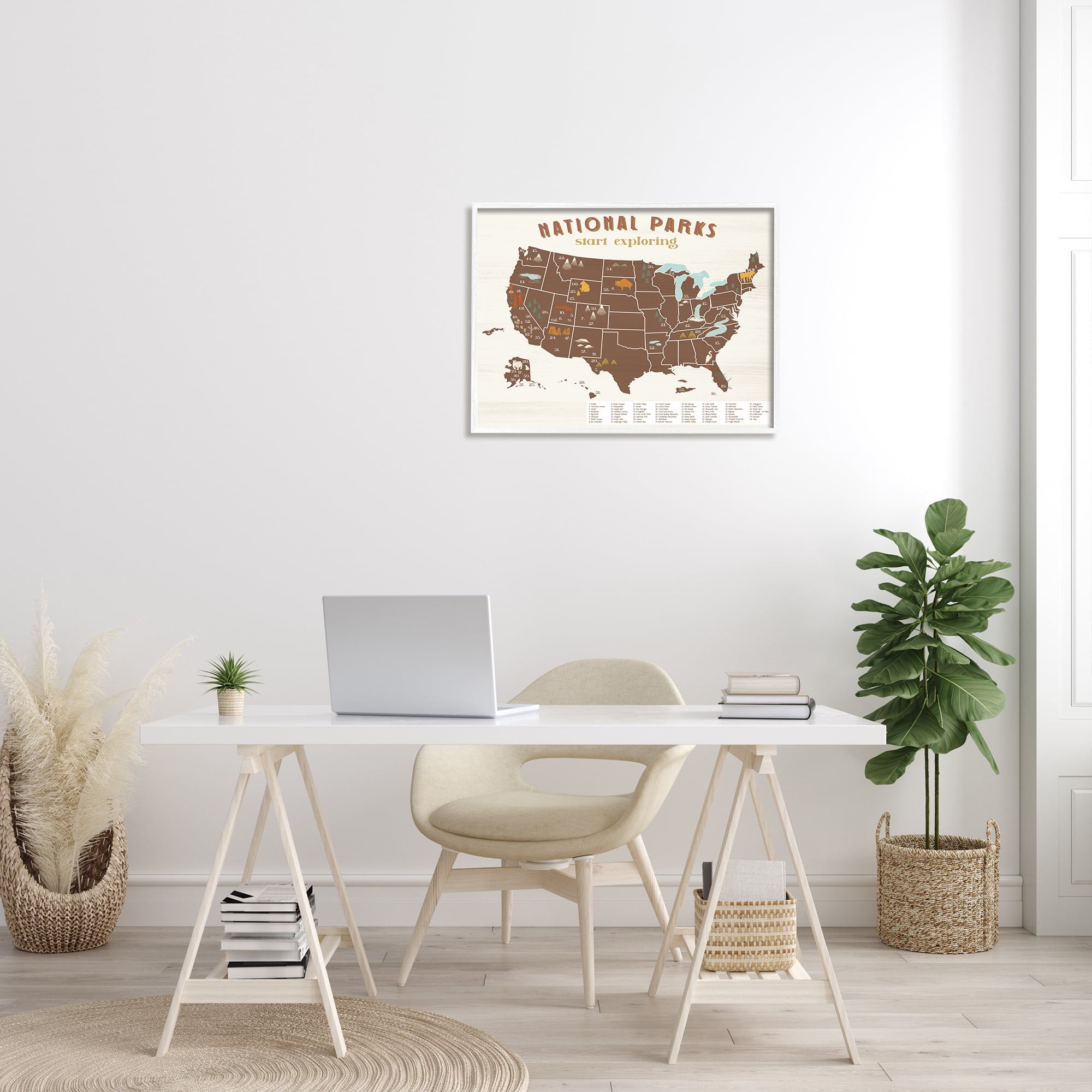 Stupell Industries Start Exploring National Parks Map United States Town & City Painting White Framed Art Print Wall Art, 24 x 30