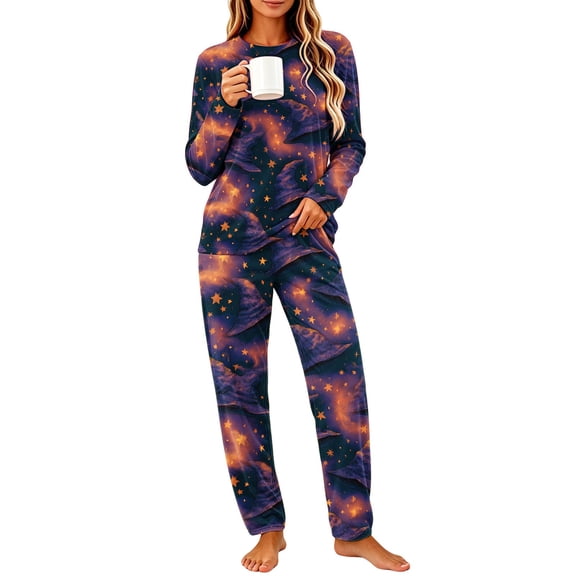 Edvintorg Womens Pajamas Halloween Printed Crew Neck Long Sleeve Top and Pant Casual Comfy Pajama Set Plus Size Womens Fashion Multicolor S