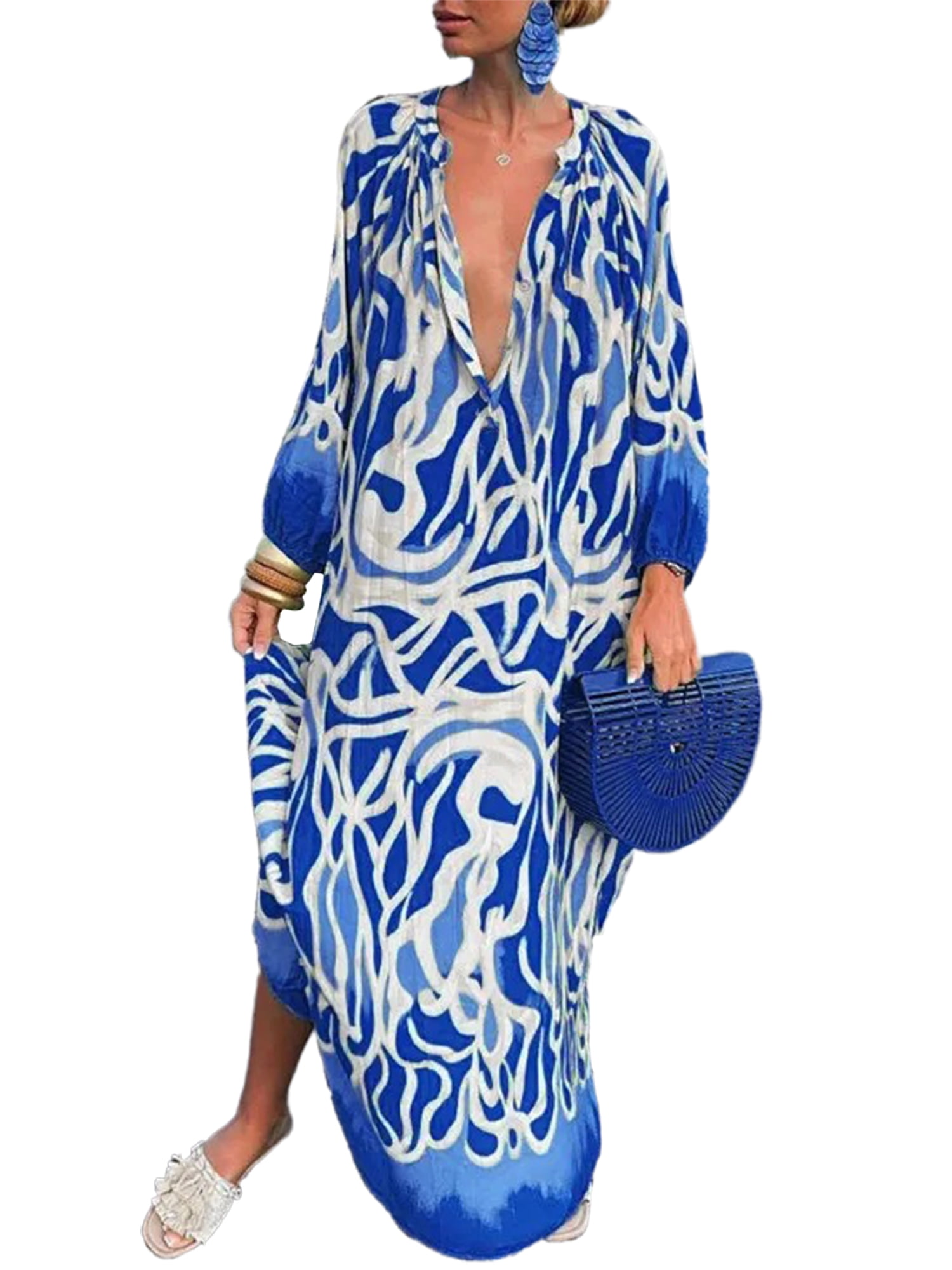 Innerwin Dress Button Down Women Maxi Dresses Autumn Long Sleeve Loose Blue S