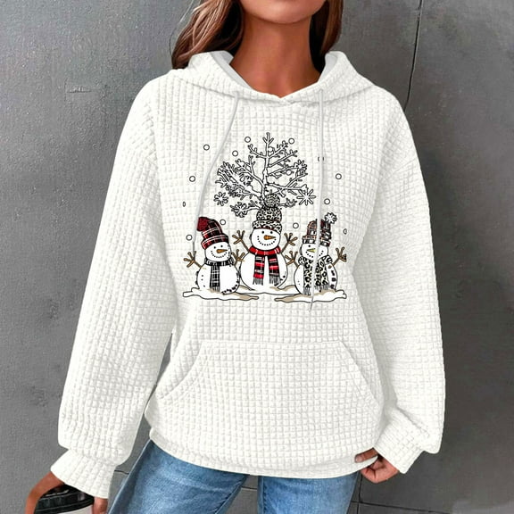 AGWOLF Christmas Hoodies for Women Casual Waffle Long Sleeve Hooded Pullover Cute Snowman Print Xmas Sweatshirts Ugly Holiday Party Tops