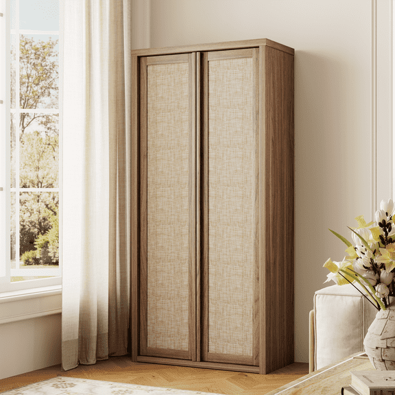 Brafabhome 67" Tall Rattan Storage Cabinet with 2 Doors, Wooden Pantry Cabinets with 4 Adjustable Shelves & Solid Wood Handle for Home, Kitchen | Nature