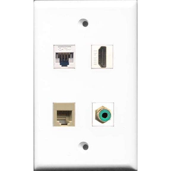 RiteAV - 1 Port HDMI and 1 Port RCA Green and 1 Port Phone RJ11 RJ12 Beige and 1 Port Cat5e Ethernet White Wall Plate