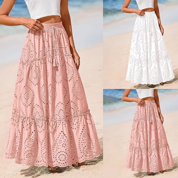 asdoklhq Plaid Dress Womens Lace Embroidery Eyelets Elastic Waist Floating Beach Long Skirt White L