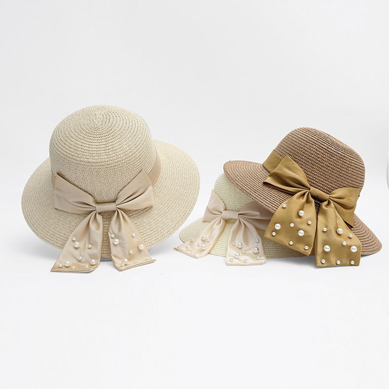 Brown Raffia Woven Straw Sun Foldable Hat with Bowknot And Pearl Accents Brown Tassel Straw Hat for Women Foldable Sunshade Beach Hat  main image 4