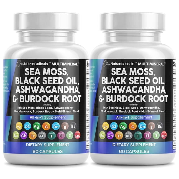 Clean Nutraceuticals Sea Moss Black Seed Oil Ashwagandha Turmeric Bladderwrack Burdock & Vitamin C Vitamin D3 with Elderberry Manuka Dandelion Yellow Dock Iodine Chlorophyll ACV - 2Pack