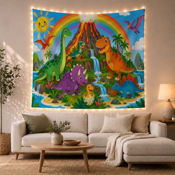 Prehistoric Filled with Friendly Dinosaurs Setting, Nostalgic Vintage for Botanical Art Lovers, Wall Decor, Mother'S Day Gift, Tapestry Wall Hanging for Dorm and Living Room
