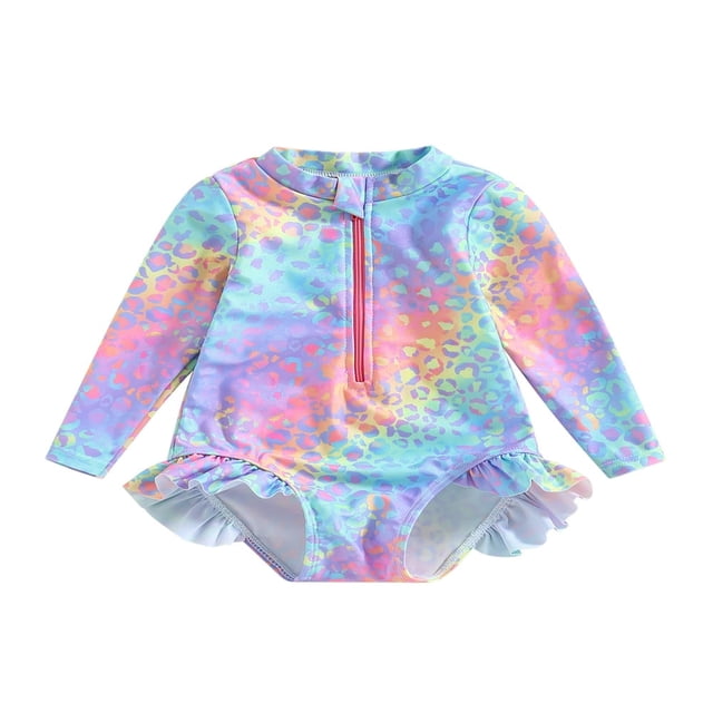 QJUHUNG Kid Baby Girls One Piece Swimsuit Long Sleeve Zipper Swimwear Ruffle Rashguard Bathing Suits Beachwear
