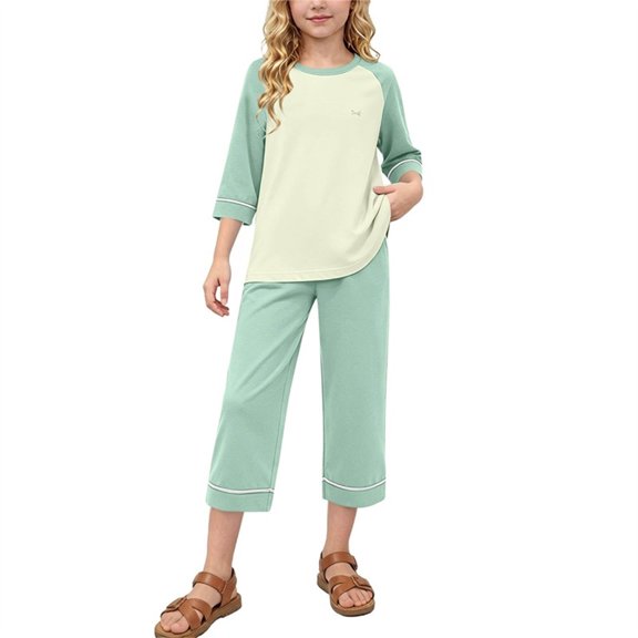 Mifsaly Boys Girls Pajama Sets Kids 2 Piece Pjs Color Block 3/4 Sleeve Top and Capri Pants Soft Comfortable Casual Everyday Lounge Clothes