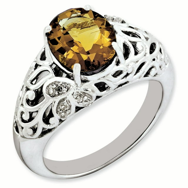 925 Sterling Silver Oval Whiskey Quartz Diamond Ring Gemstone