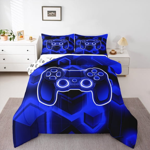 Erosebridal Blue Gamer Bedding Twin Comforter Set,Geometric Gamepads Down Comforter,Video Game Bedding Sets Twin With Comforter,Lightweight Gradient Bedroom Decoration,Reversible,2-Piece