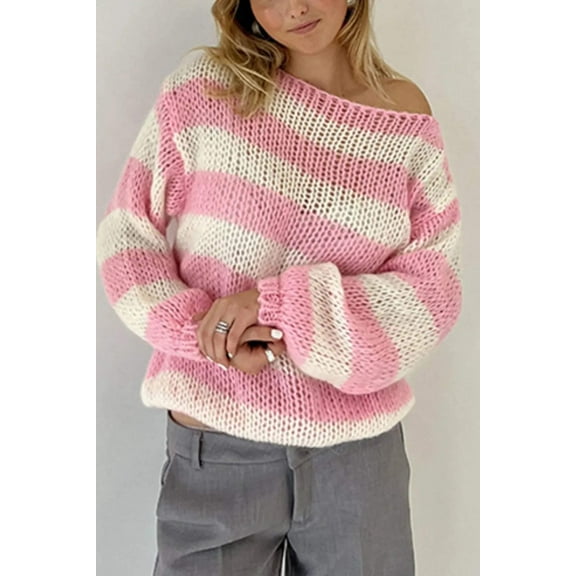 Contrast Striped Boat Neck Long Sleeve Sweater