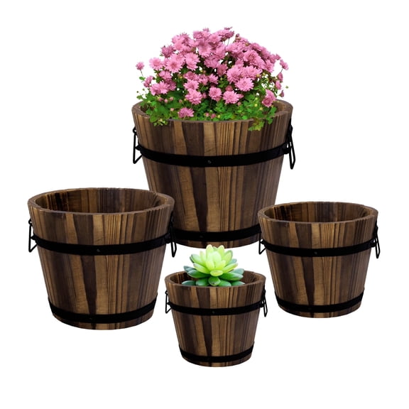 4 Pack Wooden Whiskey Barrel Planters-Set of 4 Sizes,Rustic Wood Bucket Garden Containers for Indoor Outdoor Plants (4.7", 6.1", 7.1", 9")