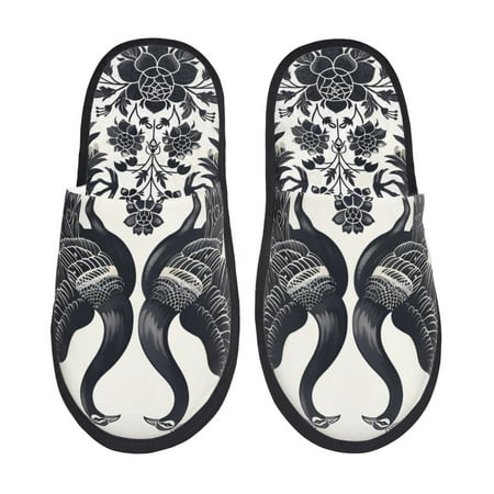 Balery Artistic Black White Peacocks Slient Indoor Furry Fleece Comfort House Shoes Soft Non-Slip Home Shoes Cotton slippers House Slippers-- Medium
